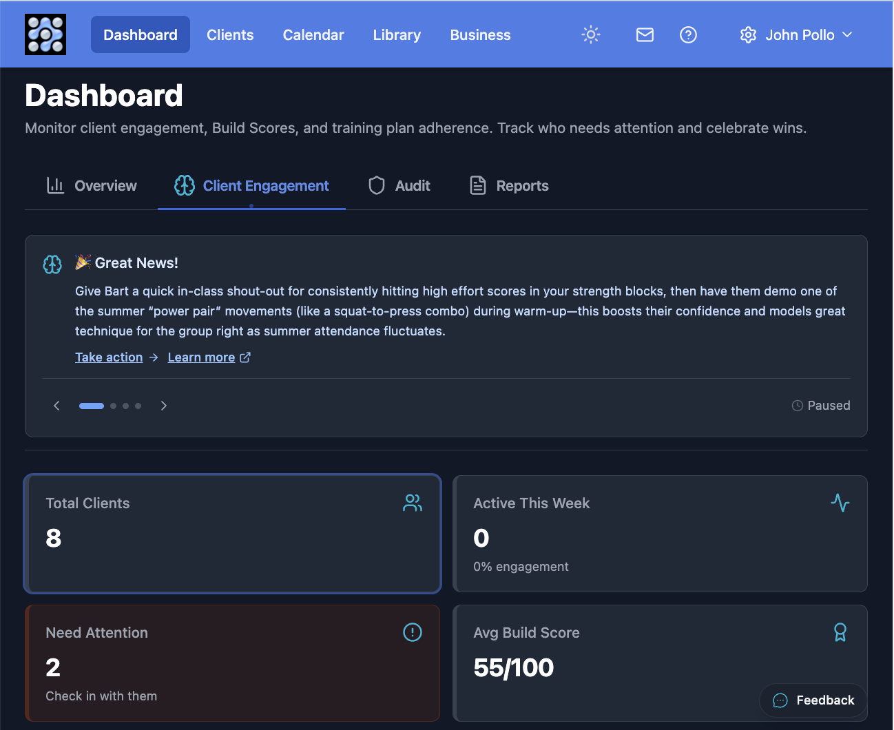 Engagement dashboard with Engagement Scores and proactive check-in message for at-risk clients